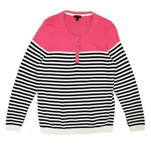 Talbots Striped Henley Sweater Pink L Preppy Nautical Lightweight